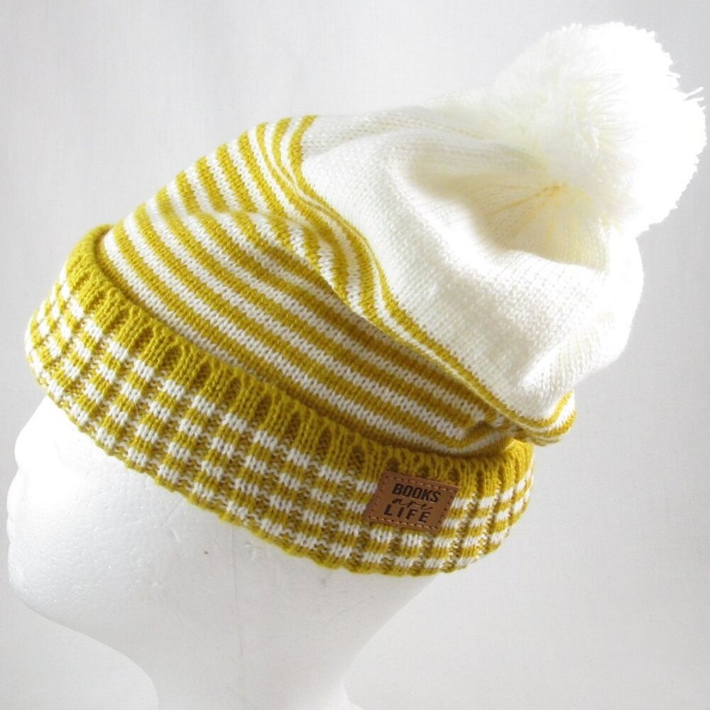 NEW Knit Beanie Pom Pom Cap, Fleece Lined, Books Are Life Patch, Book Lover Gift